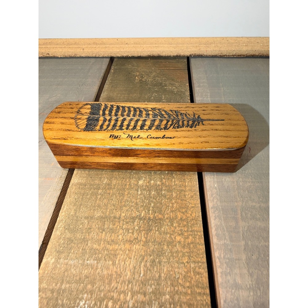 Mel Cumbie Handcrafted Wood Turkey Call Box Feather Etched Signed Hunting Gear